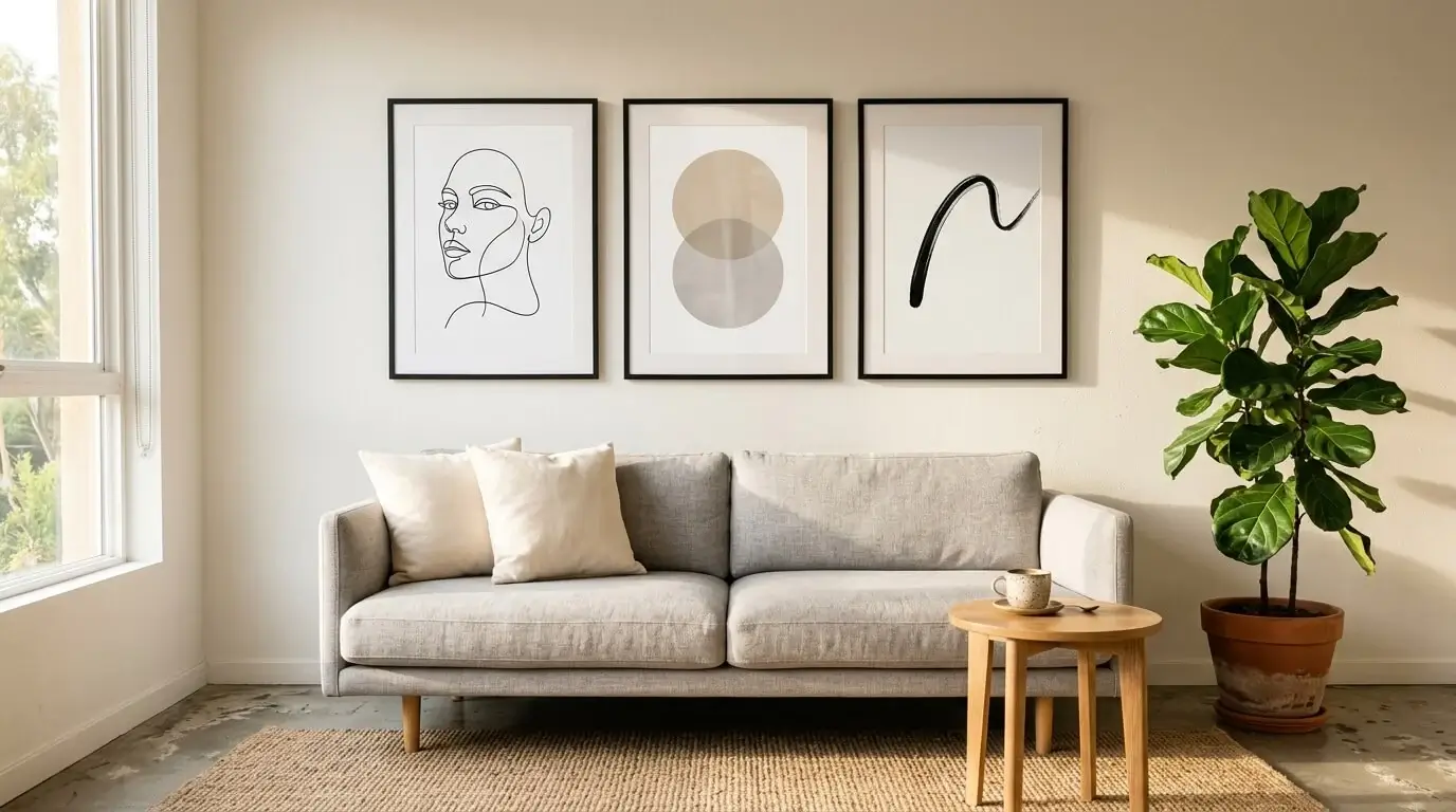 Set de 3 cuadros minimalistas en sala